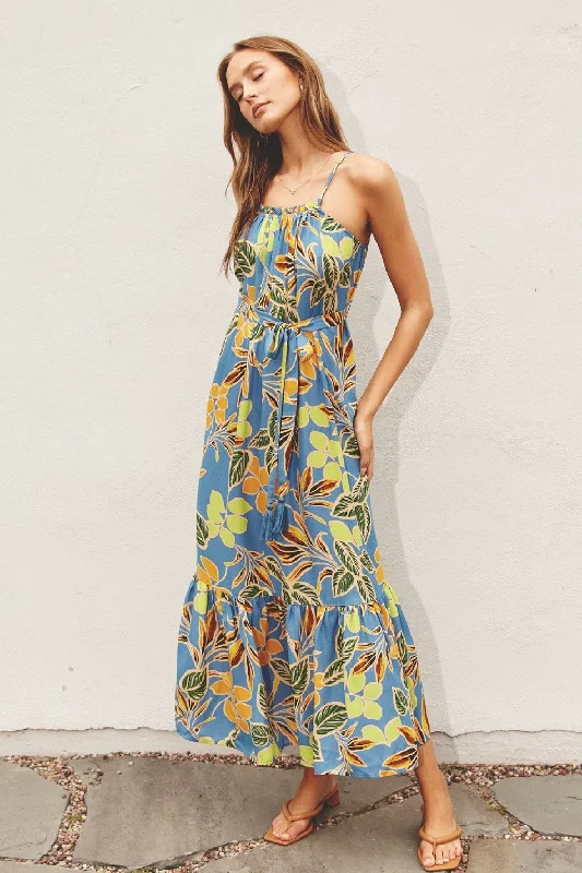 Blue Floral Open Back Midi Dress