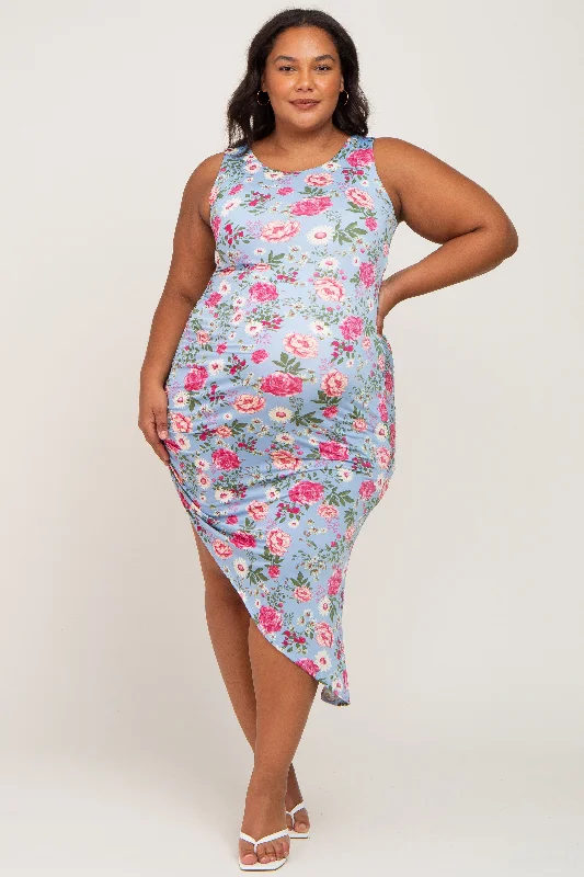 Blue Floral Ruched Asymmetrical Maternity Plus Midi Dress