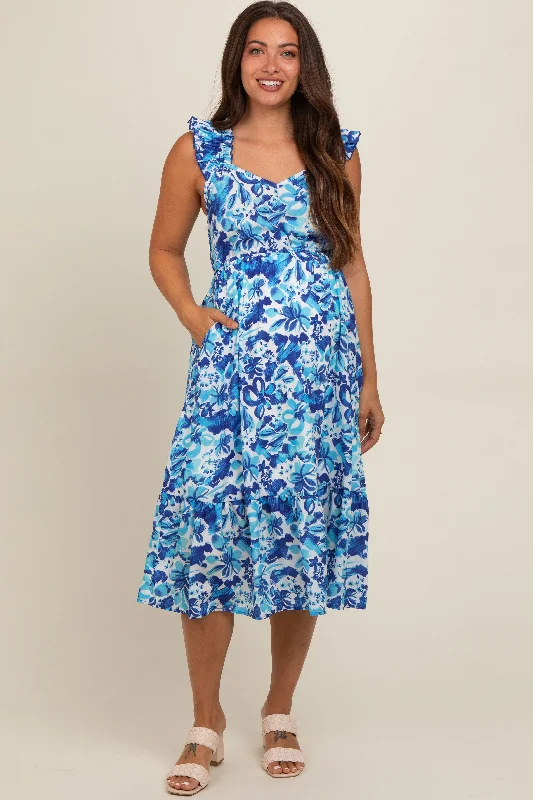 Blue Floral Ruffle Strap Maternity Midi Dress