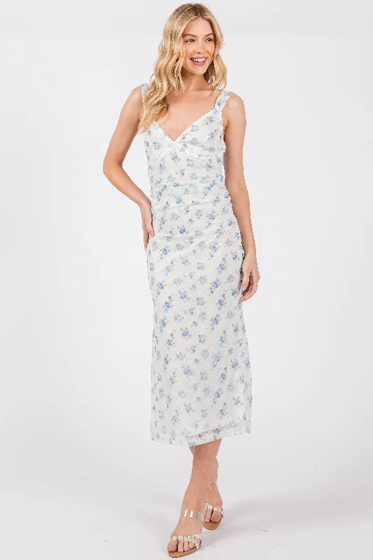 Blue Floral V-Neck Sleeveless Midi Dress