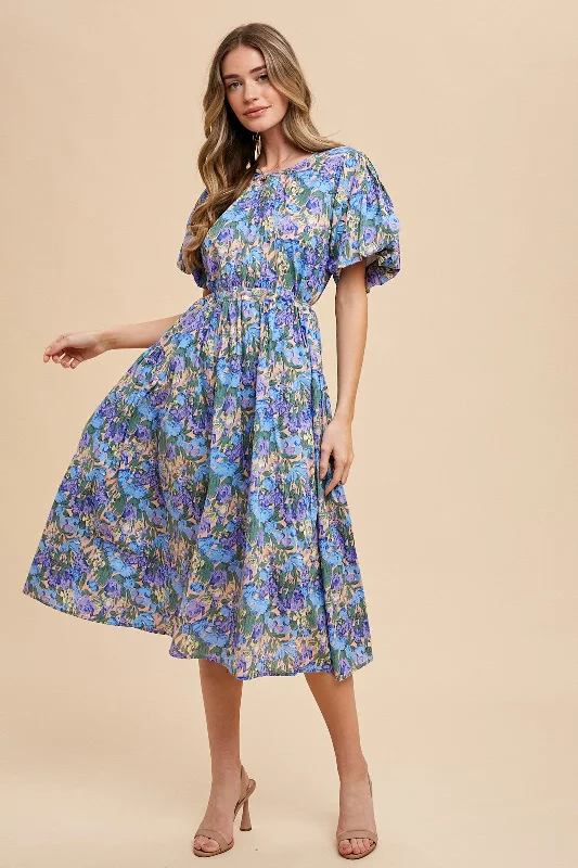 Blue Multi Floral Printed Crew Neck Puff Sleeve Midi Dress