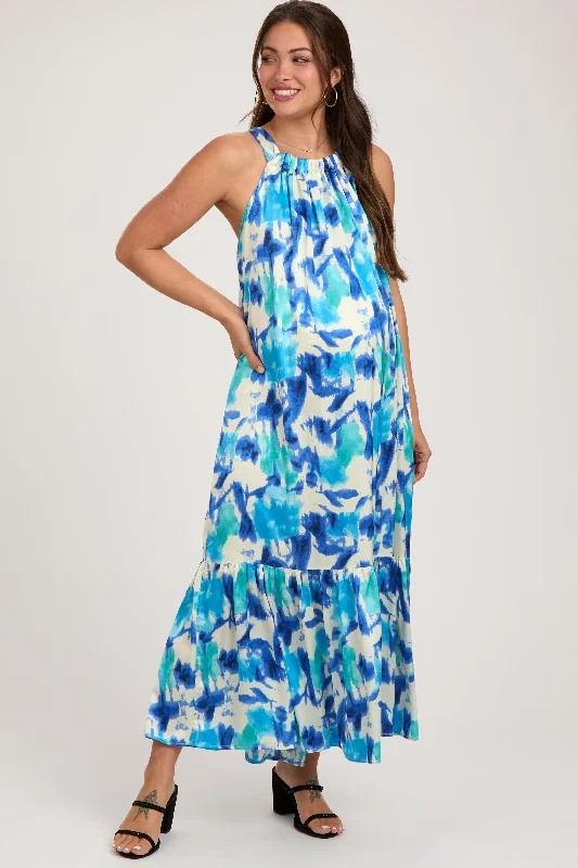 Blue Watercolor Print Satin Maternity Midi Dress