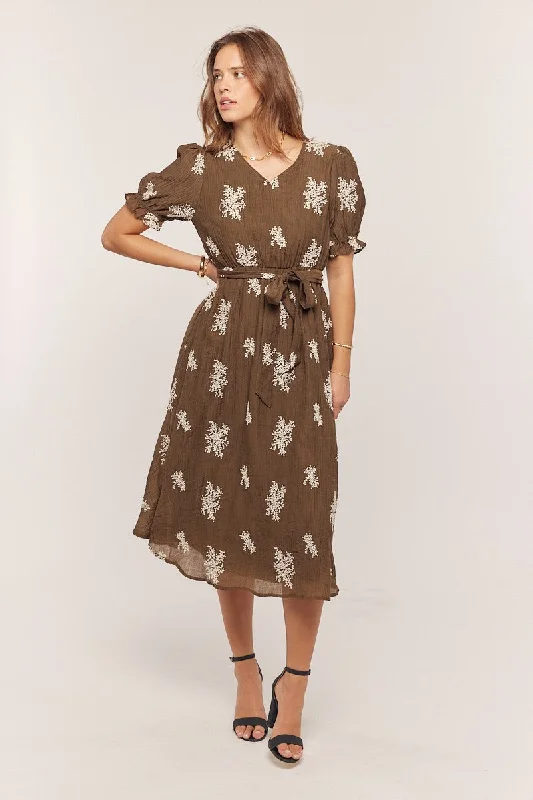 Brown Embroidered Sash Tie Midi Dress