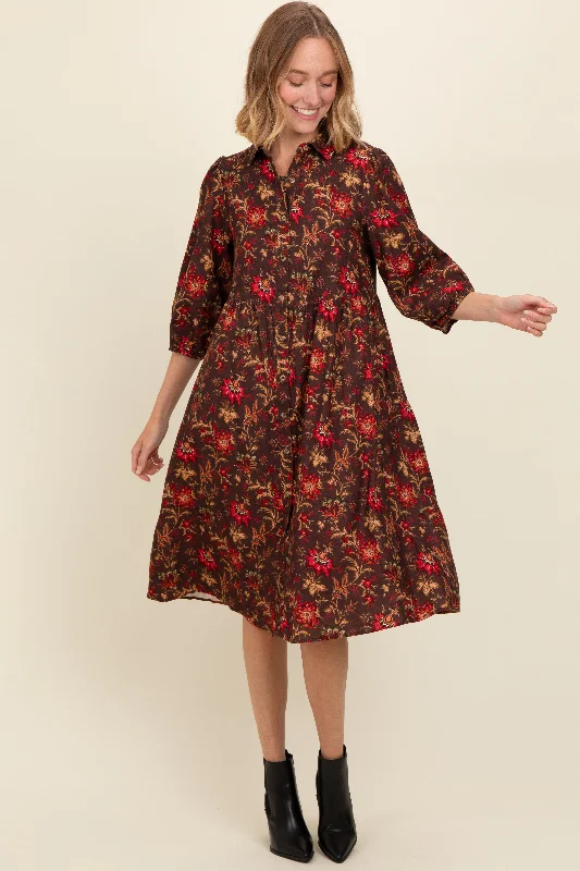 Brown Floral Button Down Midi Dress