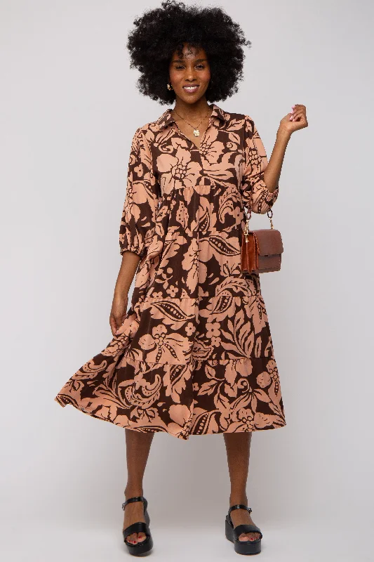 Brown Floral Collared Tiered Midi Dress