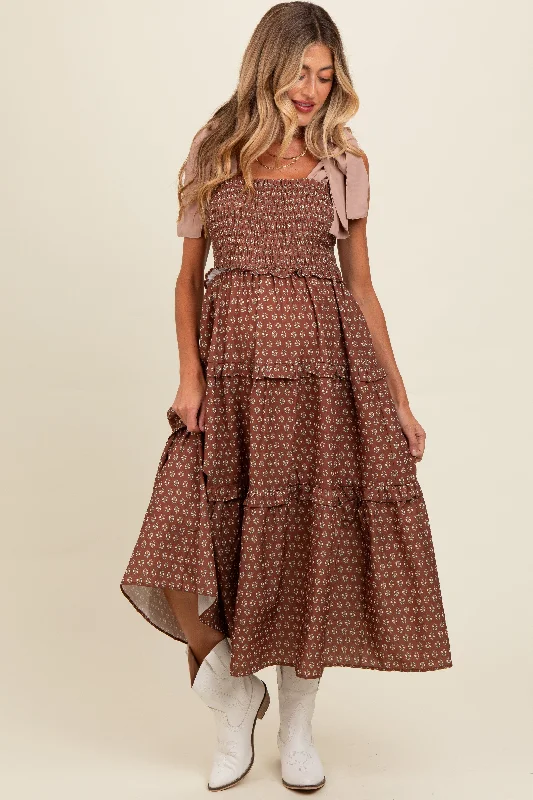 Brown Floral Print Contrast Shoulder Tie Tiered Maternity Midi Dress