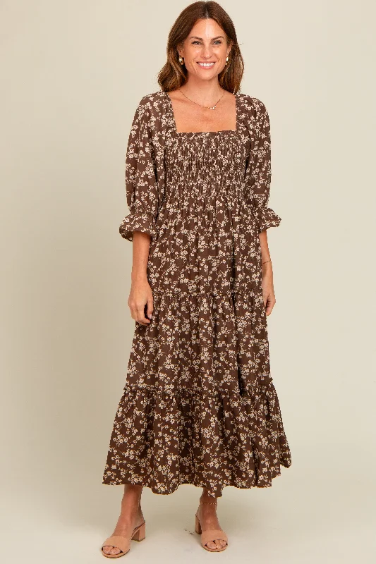 Brown Smocked Tiered Pocketed Midi Dress