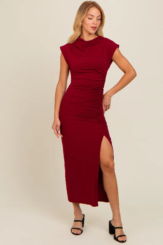 Burgundy Ruched Mock Neck Slit Midi Dress