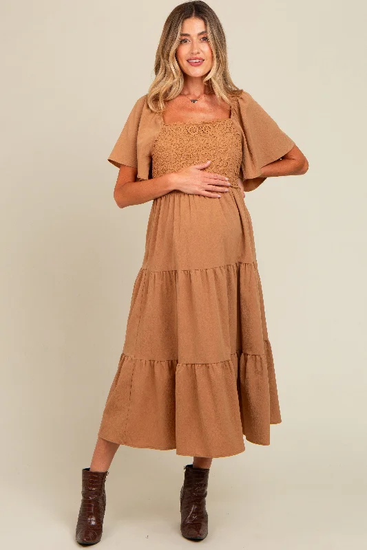 Camel Crochet Tiered Lace Maternity Midi Dress