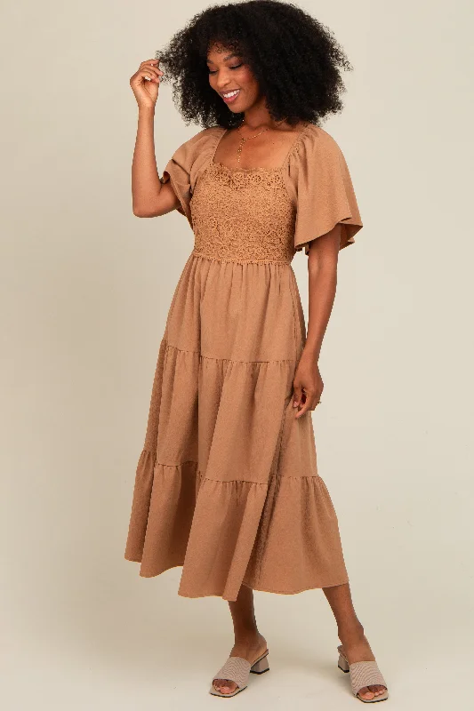 Camel Crochet Tiered Lace Midi Dress