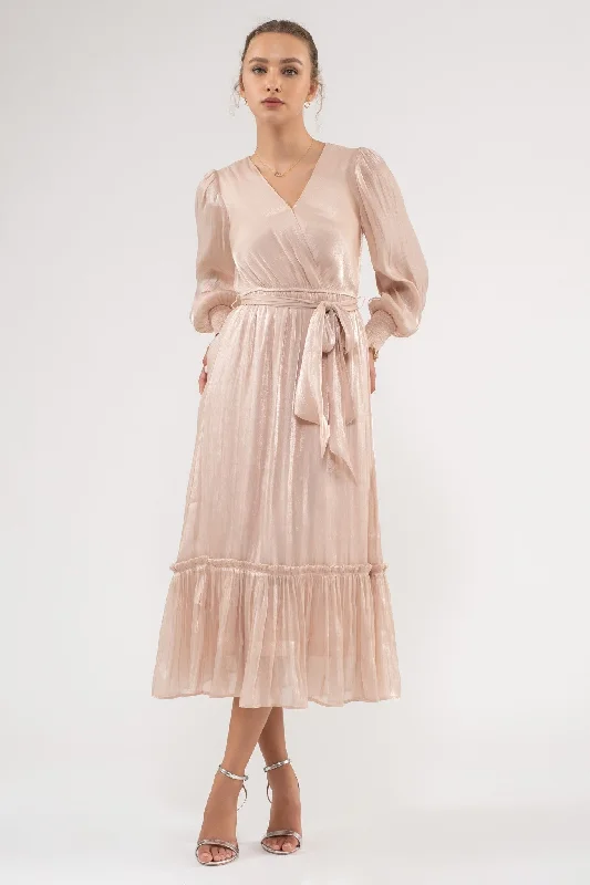 Champagne Surplice Belted Long Sleeve Midi Dress