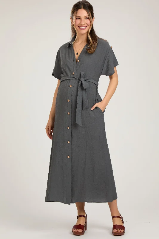 Charcoal Button Front Belted Short Sleeve Maternity Midi Dress