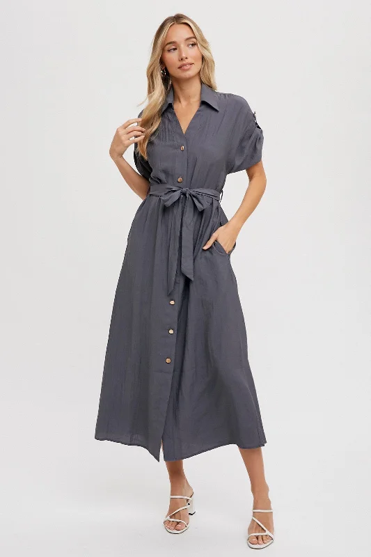 Charcoal Button Front Belted Short Sleeve Midi Dress