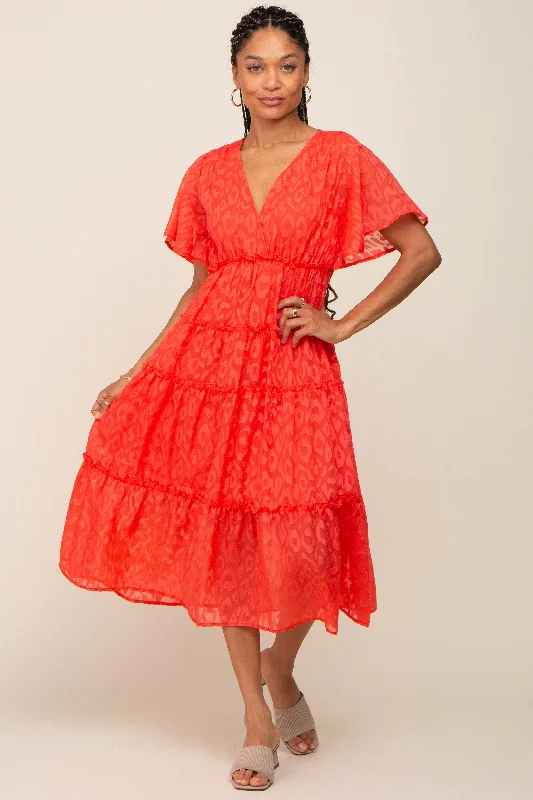 Coral Chiffon Animal Print Tiered Midi Dress