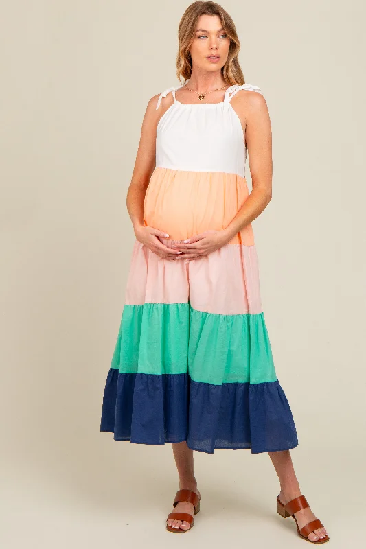 Coral Colorblock Tiered Maternity Midi Dress