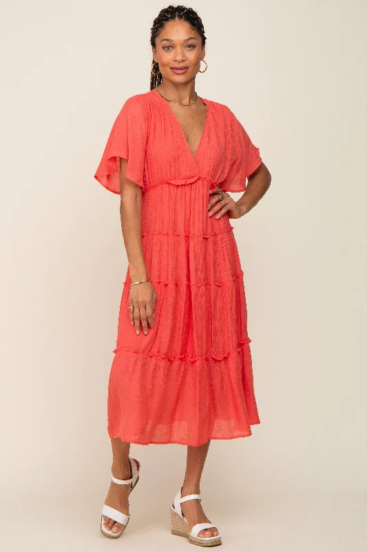 Coral Ruffle Tiered V-Neck Midi Dress