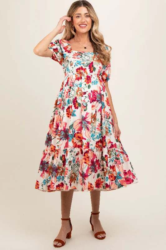 Cream Floral Puff Sleeve Maternity Midi Dress