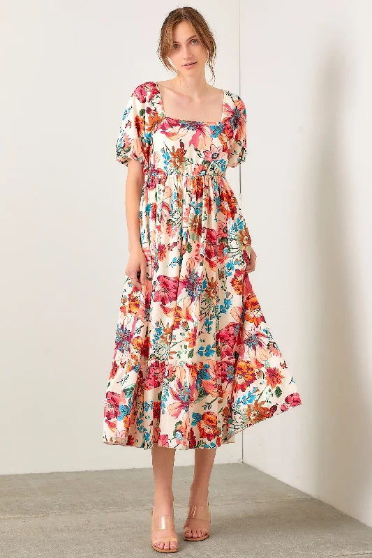 Cream Floral Puff Sleeve Midi Dress