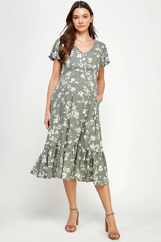 Floral V-Neck Midi Maternity Dress with a Ruffled Hem