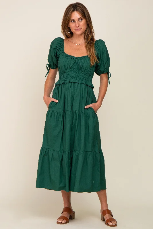 Forest Green Shirred Front Tie Short Sleeve Tiered Midi Dres