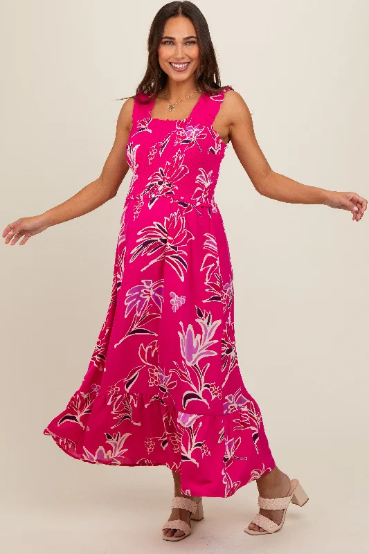 Fuchsia Floral Smocked Maternity Midi Dress