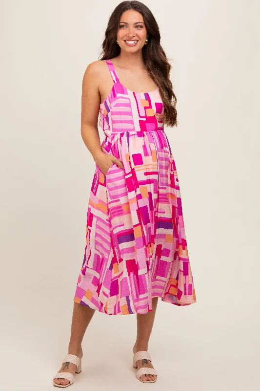 Fuchsia Geo Printed Cut Out Back Detail Maternity Midi Dress