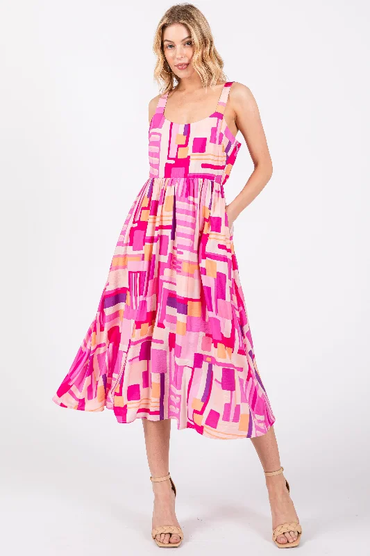 Fuchsia Geo Printed Cut Out Back Detail Midi Dress