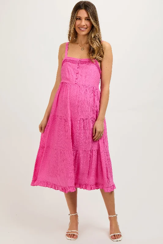 Fuchsia Sleeveless Button Tiered Maternity Midi Dress