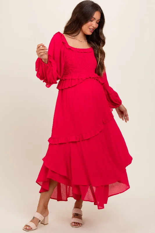 Fuchsia Smocked Ruffle Long Sleeve Maternity Midi Dress