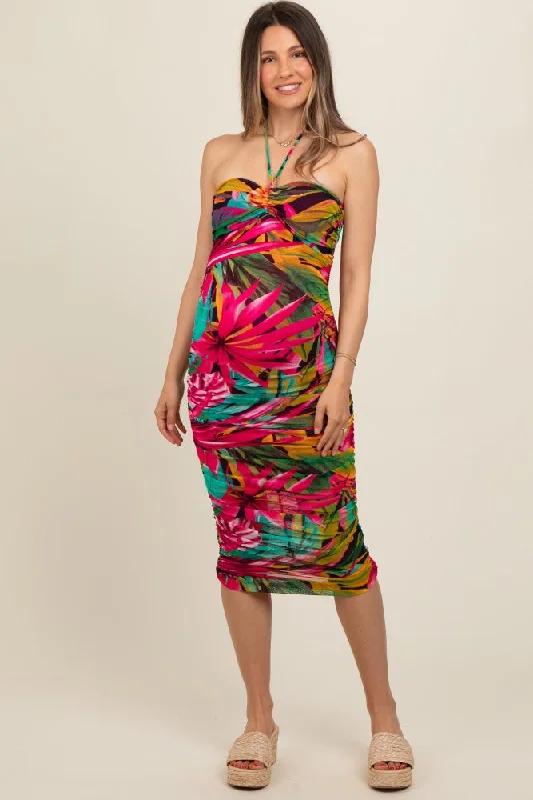 Fuchsia Tropical Halter Maternity Fitted Midi Dress