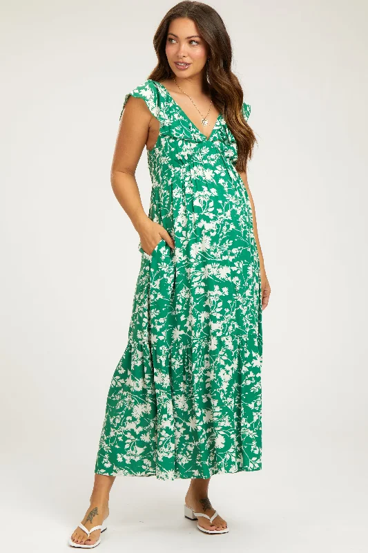 Green Floral Ruffle Maternity Midi Dress