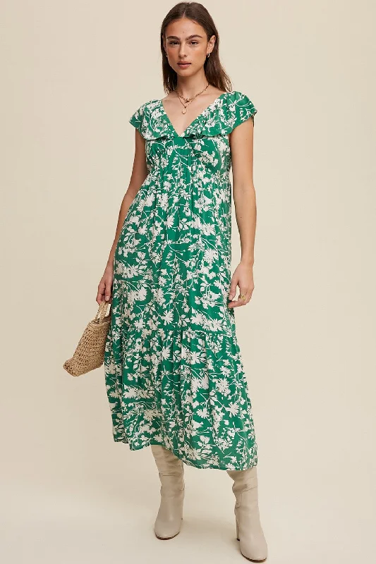 Green Floral Ruffle Midi Dress