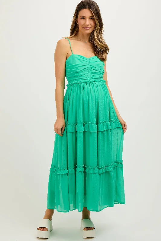 Green Sleeveless Pleated Ruffle Tiered Maternity Midi Dress