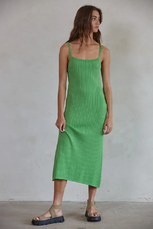 Green Square Neck Ribbed Sleeveless Midi Dress