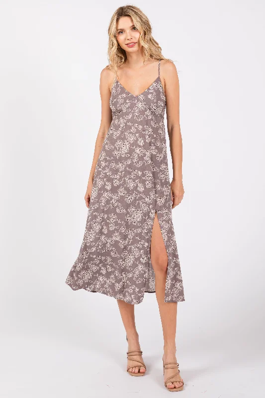 Grey Floral Side Slit Midi Dress