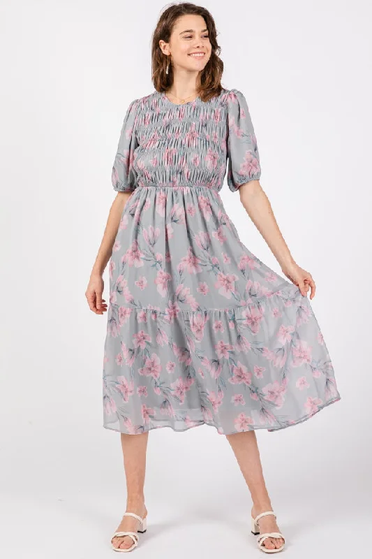 Grey Floral Smocked Ruffle Hem Midi Dress