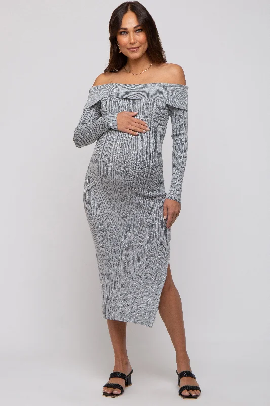 Grey Metallic Ribbed Side Slit Off Shoulder Maternity Midi Dress