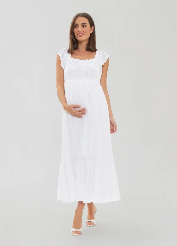 Ripe Maternity White Tiered Eyelet Maternity Midi Dress