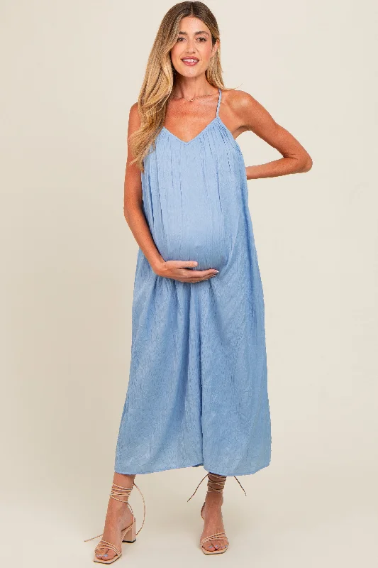 Light Blue Crinkle V-Neck Cross Back Maternity Midi Dress