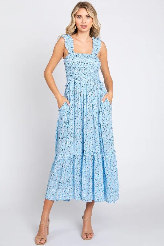 Light Blue Floral Sleeveless Smocked Ruffle Midi Dress