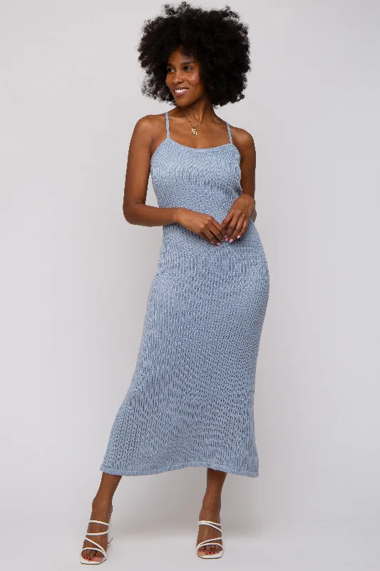 Light Blue Open Knit Crochet Midi Dress