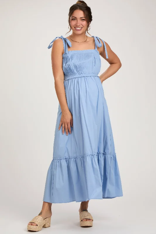 Light Blue Pleated Shoulder Tie Maternity Midi Dress