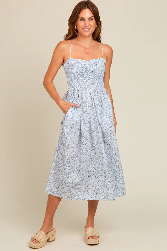 Light Blue Printed Smocked Midi Dress