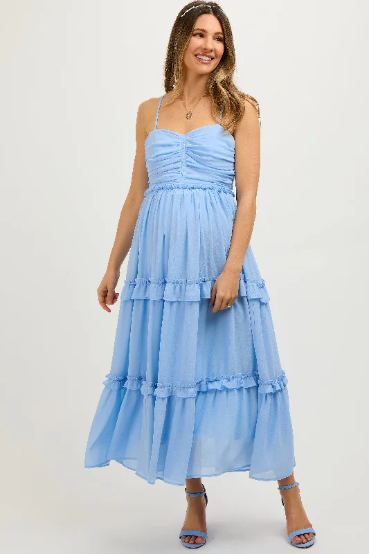 Light Blue Sleeveless Pleated Ruffle Tiered Maternity Midi Dress