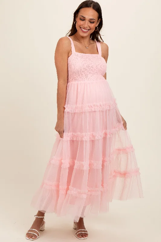 Light Pink Smocked Ruffle Tiered Tulle Maternity Midi Dress