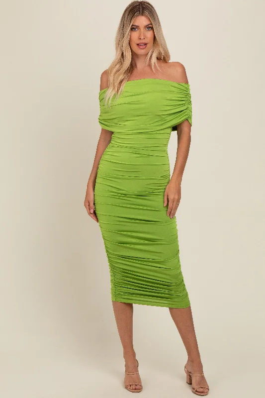 Lime Off Shoulder Ruched Midi Dress