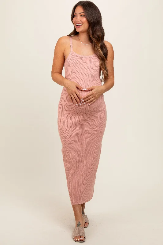 Mauve Knit Open Tie Back Maternity Midi Dress