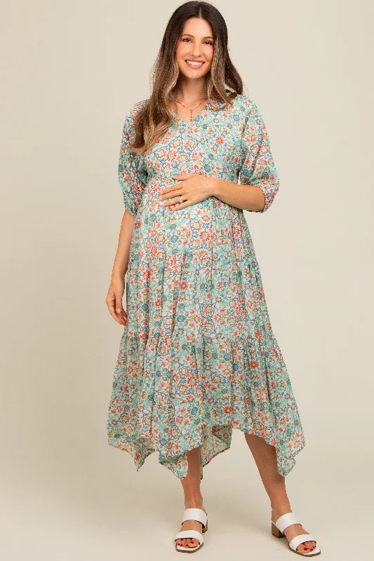 Mint Green Floral Border Print V-Neck Tiered Maternity Midi Dress