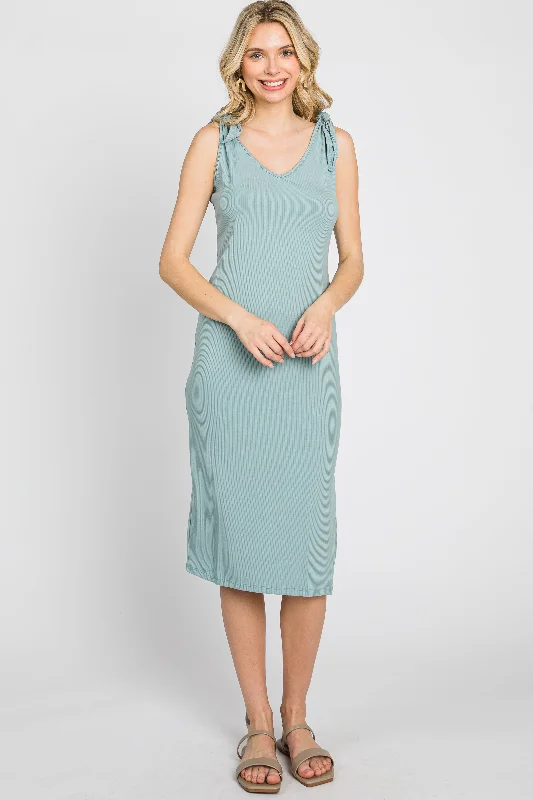 Mint Green Ribbed Shoulder Tie Midi Dress