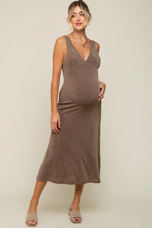 Mocha A-Line Draped Back Maternity Midi Dress